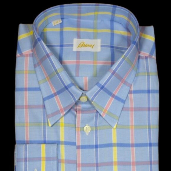 $950 NEW BRIONI DRESS SHIRT BLUE SALMON PINK PLAID CHECK HAND MADE XL 43 17 - Picture 3 of 11